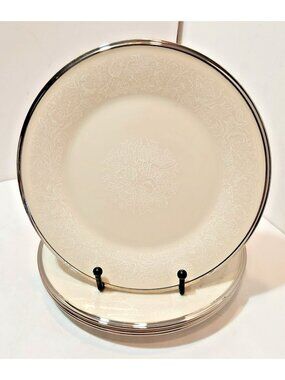 Set Of 4 Lenox Moonspun Floral Ivory Platinum Rim Salad Luncheon Plates 8"